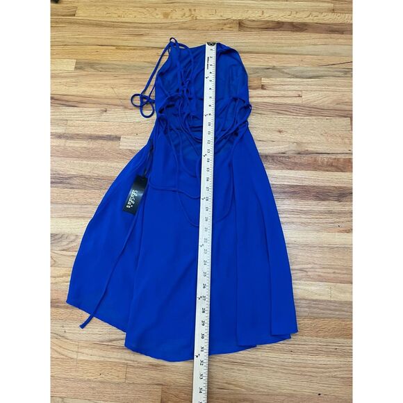 Lulus Good Deeds Women's Dress Fit & Flare Skater Mini Lace-Up Apron Neck S Blue - Picture 4 of 10